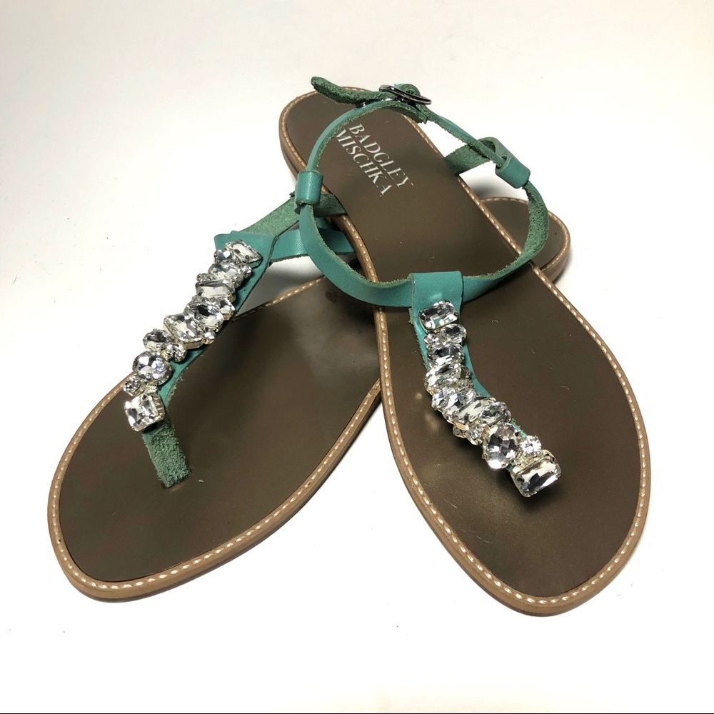 Badgley Mischka Teal Gem-Embellished T-Strap Sandals